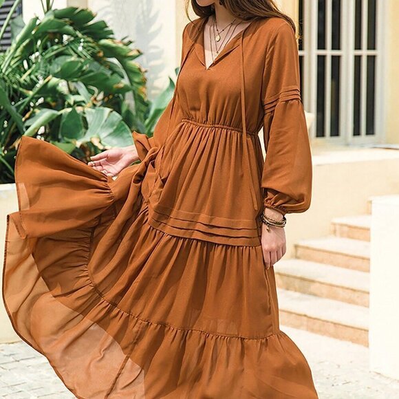 Dresses & Skirts - Brown Boho Womens Chiffon V-Neck Tie Elegant Long MAXI Dress